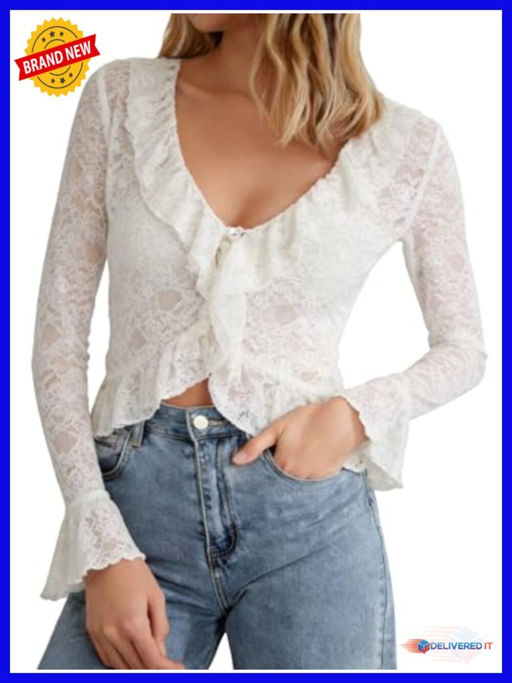 Sheer Mesh Lace Open Front Bell Sleeve Crop Top Blouse